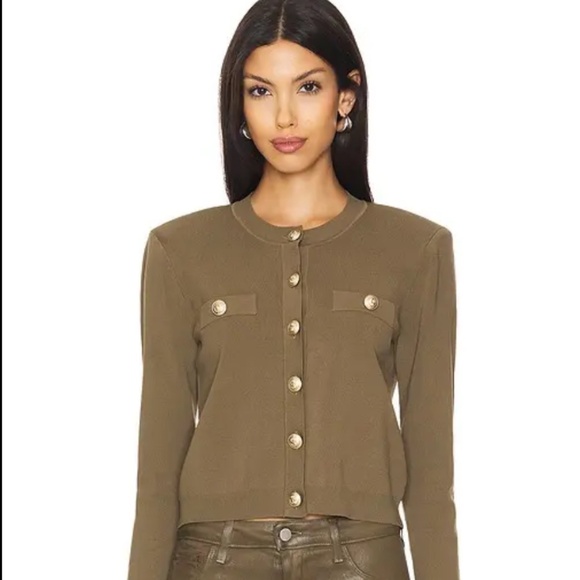 NWT L'AGENCE Toulouse Crewneck Cardigan - Pine / Gold Size XS - Picture 1 of 2